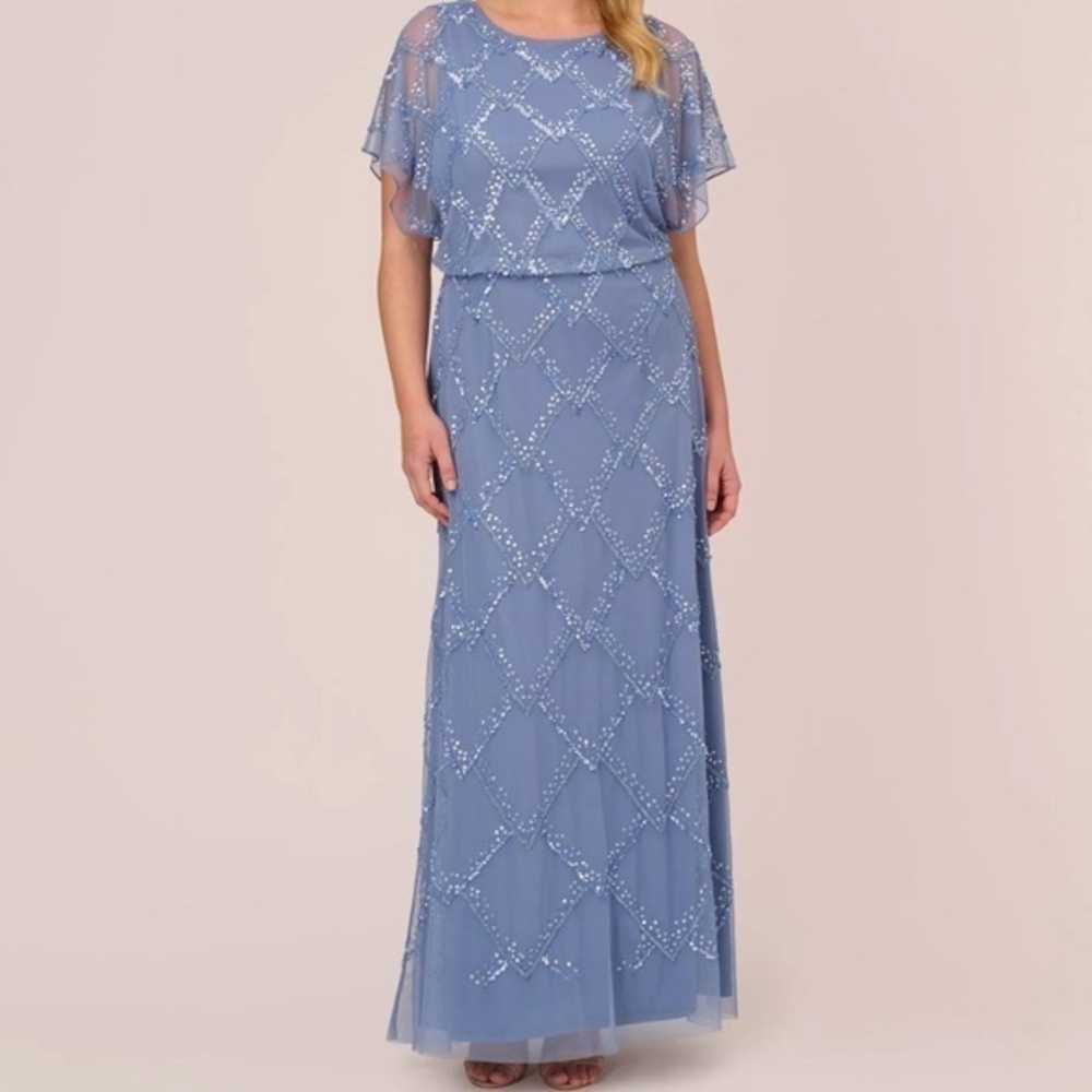 Adrianna Papell. Beaded Blouson Gown With Flutter Sleeves